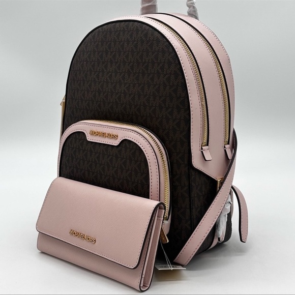 Michael Kors Medium Jaycee Zip Packet Backpack & Trifold Wallet Powder Blush - Picture 1 of 16